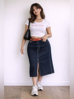 Y2K Vintage Denim Midi Skirt Belted Embroidered Contrast Stitch High Waist 6